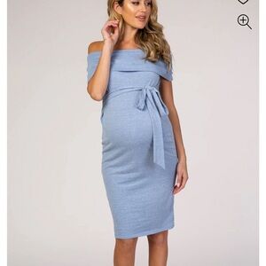 Light Blue Off-Shoulder Maternity Dress with Tie Waist